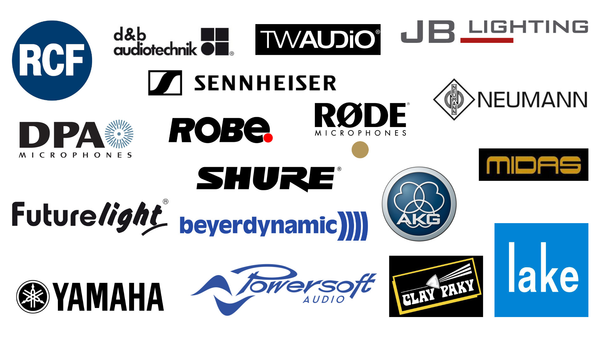 TW Audio, D&B, RCF, Lake, Powersoft, Midas, Yamaha, Shure, Bayerdynamic, Sennheisser, Neumann, AKG, Rode, JB-Lighting, Futurelight, Robe, Clay Packy, Panasonic usw.